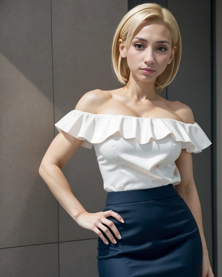woman, reeseGNRC, annual tool, serious expression, A stylish off-the-shoulder blouse with ruffled details, paired with a fitted pencil skirt, The blouse adds femininity, while the skirt enhances the overall elegance of the outfit, an opulent mafia boss office