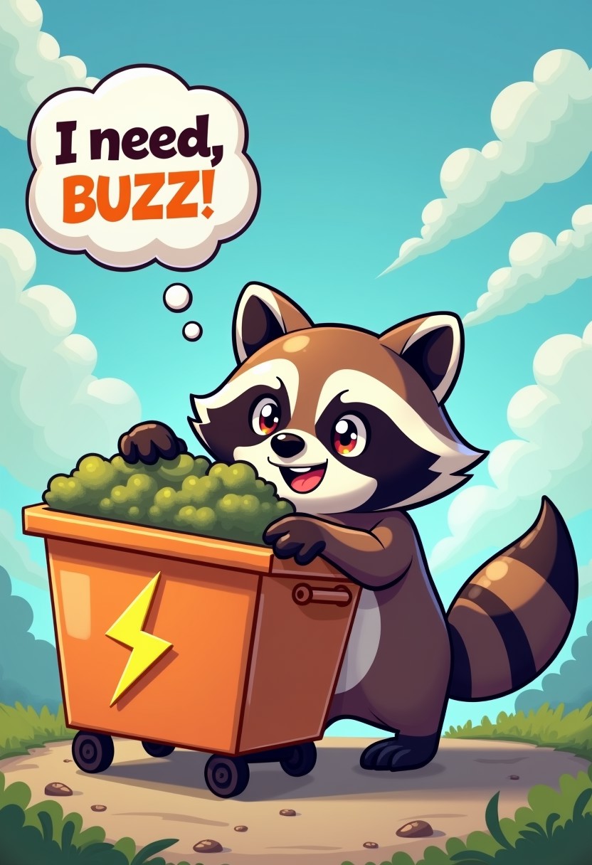Raccoon dumpster diving for buzz, cartoon, dumpster with lightning bolt symbol, speech bubble "I need Buzz buzz buzz!" , cute anime style, painting, 3d, render, comic, anime, manga,