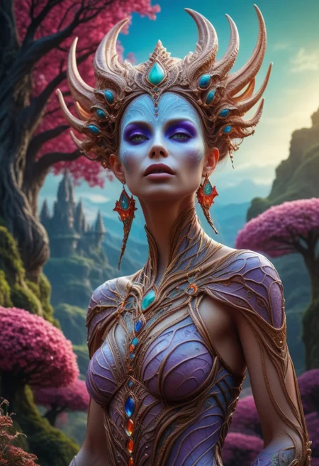best quality, reality-shot, realism, realistic photography of a fantastical Alien Goddess with whimsical elements, magical fairytale landscape, elaborate fantasy style art, intricate details, ultra sharp, exquisite detail, flawless composition, vivid colors, masterpiece, exciting background