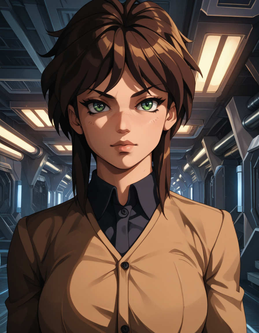 professional 3d model, score_9, score_8_up, score_7_up, score_6_up, score_5_up BREAK ot0m, 1girl, green eyes, brown sidelocks hair, looking at viewer, <lora:OtaKingMondayAshlinPDXL32v1.5tx1-000015:0.9>, octane render, highly detailed, volumetric, dramatic lighting