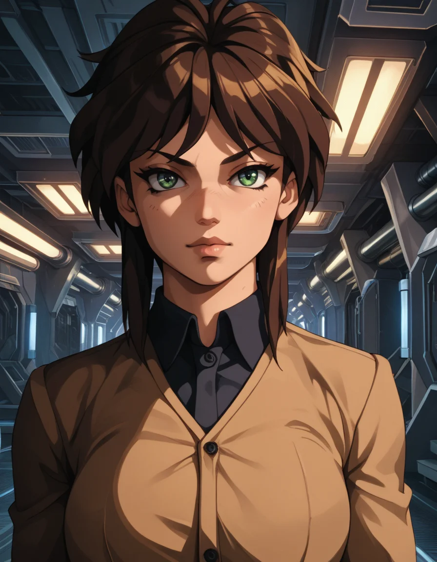professional 3d model, score_9, score_8_up, score_7_up, score_6_up, score_5_up BREAK ot0m, 1girl, green eyes, brown sidelocks hair, looking at viewer, <lora:OtaKingMondayAshlinPDXL32v1.5tx1-000015:0.9>, octane render, highly detailed, volumetric, dramatic lighting