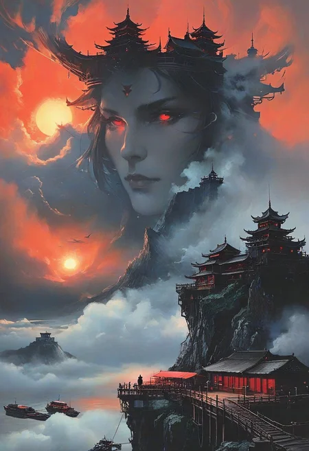 score_9, panorama landscape, architecture, ships, wharf, sea, sunset, dracula japan village, Japan, enchanted fortress and fortified castle, above the clouds, mystical atmosphere, detailed stone and wood walls, europinian man, 50 years old, devil, blood, bloody mist swirls around, weibo, drawing, formal, black hair, devil horns, double halo, hunter eyes, holding finger to lips, shush, intimidating retro 90's, red, black, science fiction, a dark sky lit by the glow of distant moons and neon lights. rockpunk, yoji shinkawa, James Jean, Ayami Kojima, village<lora:EnvySendNoodzXL01:-2><lora:EnvyZoomSliderXL01:.5>
