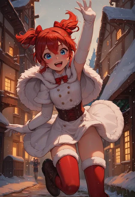 score_9, score_8_up, score_7_up, score_6_up, 
1girl, 25 years old, perfect face,  cute, petite,
blue eyes, 
red hair, short hair, short twintails, hair between eyes, hair bow, 
fur-trimmed thighhighs, fur trim, fur capelet, white coat dress, fur-trimmed dress, red bow, white gloves,
red thighhighs,  
arm up, leg up, knee boots, excited, 
snowing, winter, village,