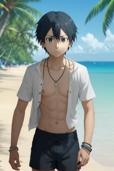 high resolution, solo, best quality, 1Boy, Kazuto Kirigaya, portraits, Black Hair, Black Eyes, shallow depth of field, beach, open shirt, shorts, sixpack, necklace, bracelet, coconut tree, OverallDetail