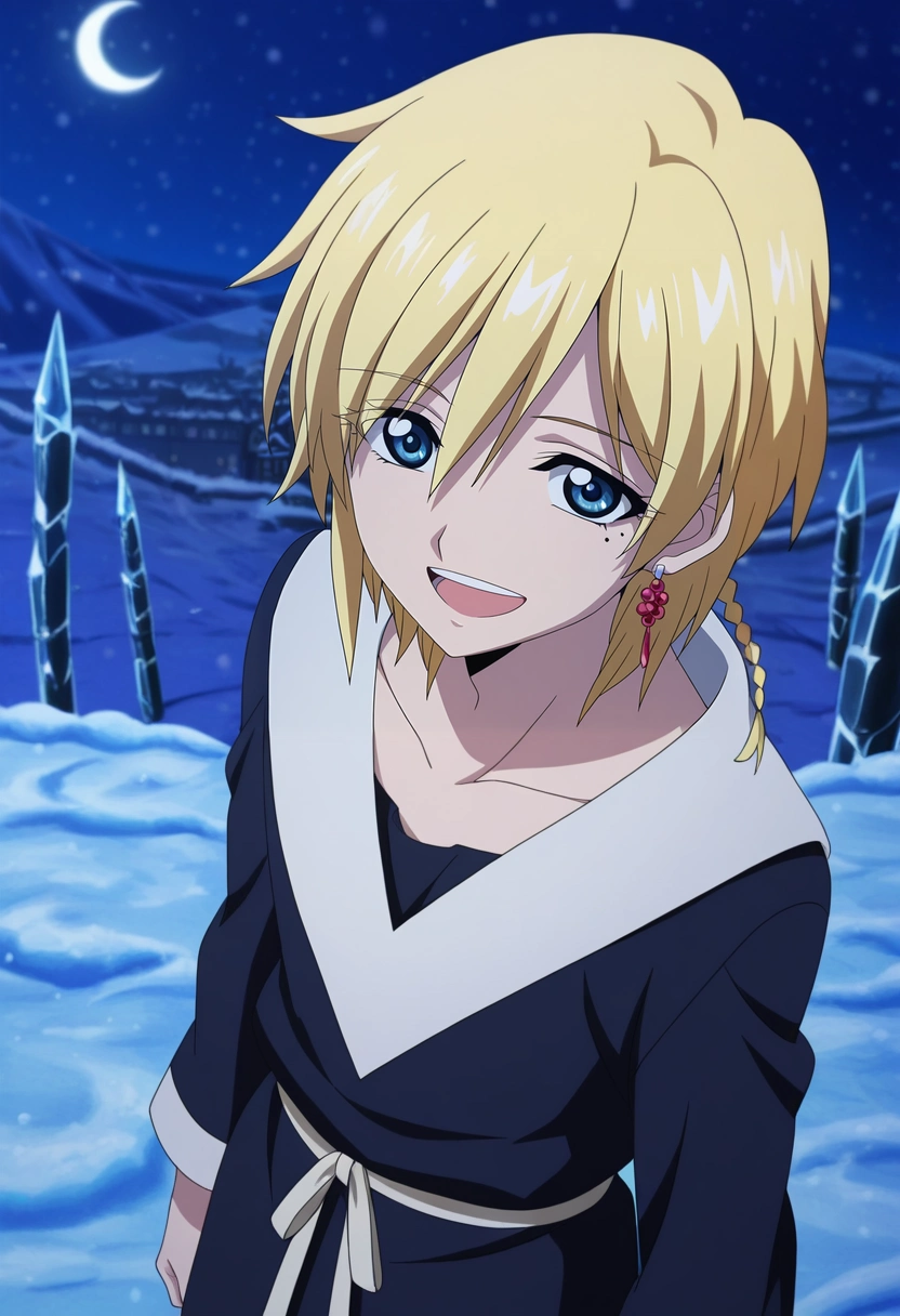 masterpiece, best quality, intricate details, anime screencap, anime coloring, official style, looking at viewer, 1boy, solo, male focus, <lora:titus_alexius_ilxl:0.94>, titus_alexius, blonde hair, blue eyes, short hair, braid, mole under eye, earrings, , from above, snowy town, snow, ice, stalagmite, night, crescent moon, arms at sides, laughing,