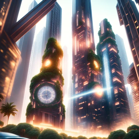 (coralcity style:1) clock tower in the middle of a futuristic city with a lot of tall buildings, a very tall building with a lot of lights on it, lots of plants growing on it's sides <lora:djzCoralCityV21:0.8>