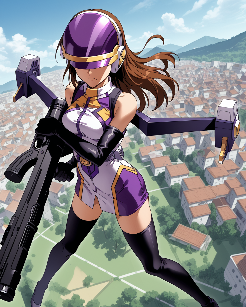 score_9, score_8_up, score_7_up,1girl,  solo,  anime screencap, highres  <lora:EDF_palewing_pdxl:1> palewing_armor, gold trim purple and white halter dress, black elbow gloves, black thighhighs, palewing_helmet, purple jetpack, visor down, covered eyes, brunette hair, long hair, flying, holding sci-fi sniper rifle with both hands, sky, serious, dynamic, dutch angle, from above, knees bent