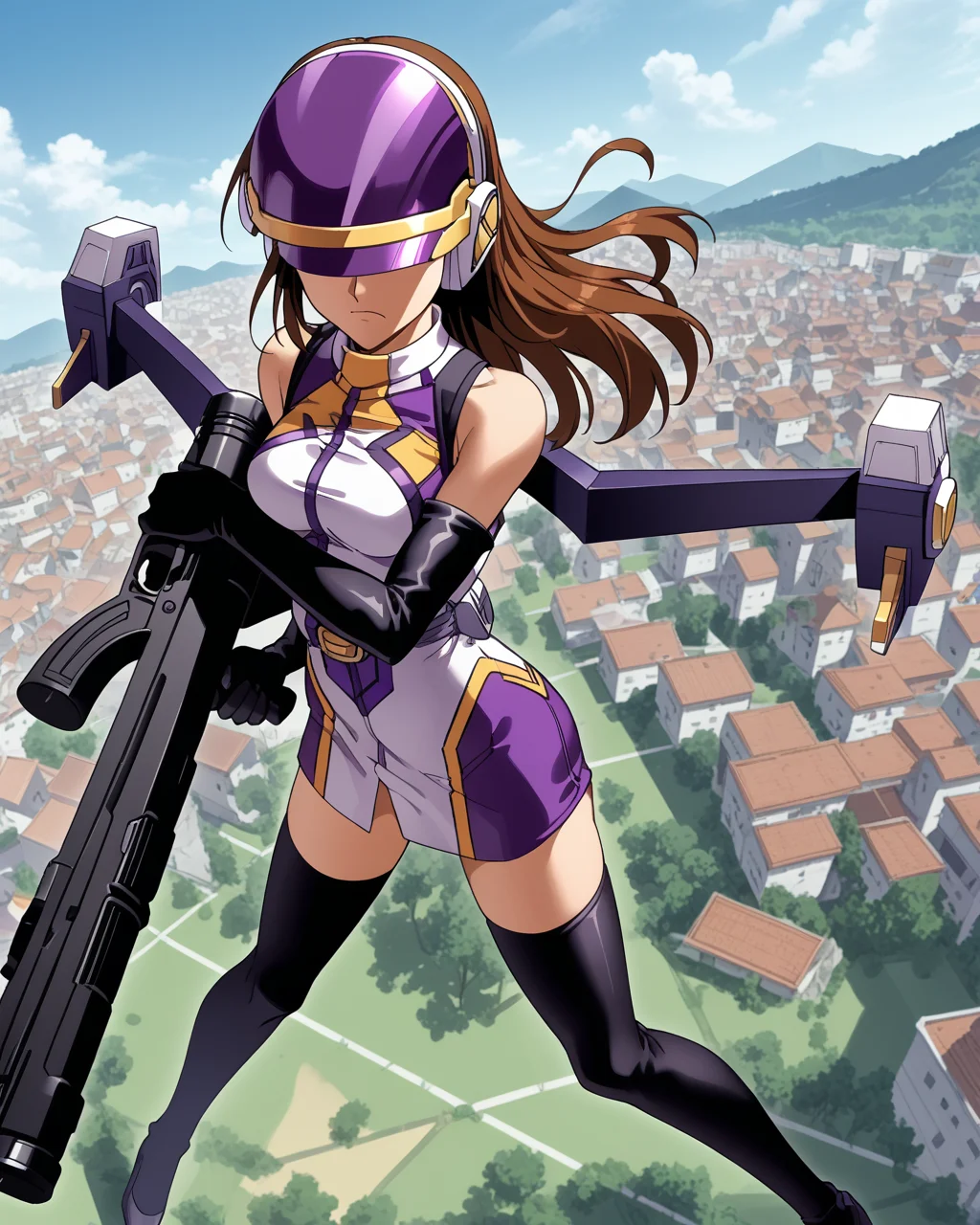 score_9, score_8_up, score_7_up,1girl, solo, anime screencap, highres <lora:EDF_palewing_pdxl:1> palewing_armor, gold trim purple and white halter dress, black elbow gloves, black thighhighs, palewing_helmet, purple jetpack, visor down, covered eyes, brunette hair, long hair, flying, holding sci-fi sniper rifle with both hands, sky, serious, dynamic, dutch angle, from above, knees bent