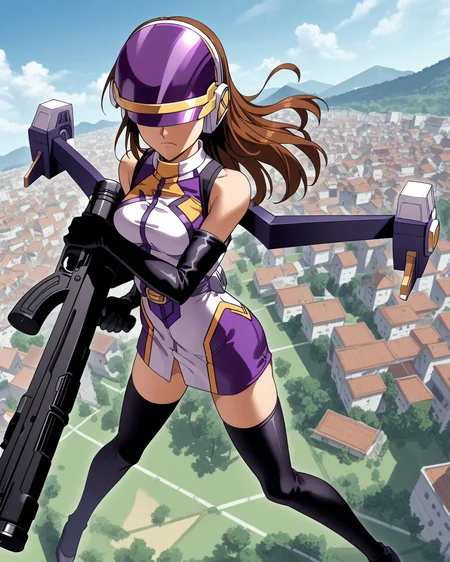 score_9, score_8_up, score_7_up,1girl,  solo,  anime screencap, highres  <lora:EDF_palewing_pdxl:1> palewing_armor, gold trim purple and white halter dress, black elbow gloves, black thighhighs, palewing_helmet, purple jetpack, visor down, covered eyes, brunette hair, long hair, flying, holding sci-fi sniper rifle with both hands, sky, serious, dynamic, dutch angle, from above, knees bent