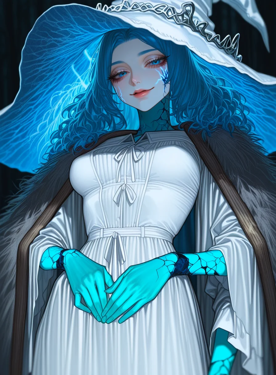 masterpiece, best quality, very aesthetic,gloss,uncensored
BREAK
ranni_the_witch, elden_ring, 1girl, blue_hair, blue_eyes, extra arms, blue skin, seductive smile, medium breasts, white dress, witch hat, white hat,
<lora:Au_(D_Elete)-ill-Fandingo:1>
