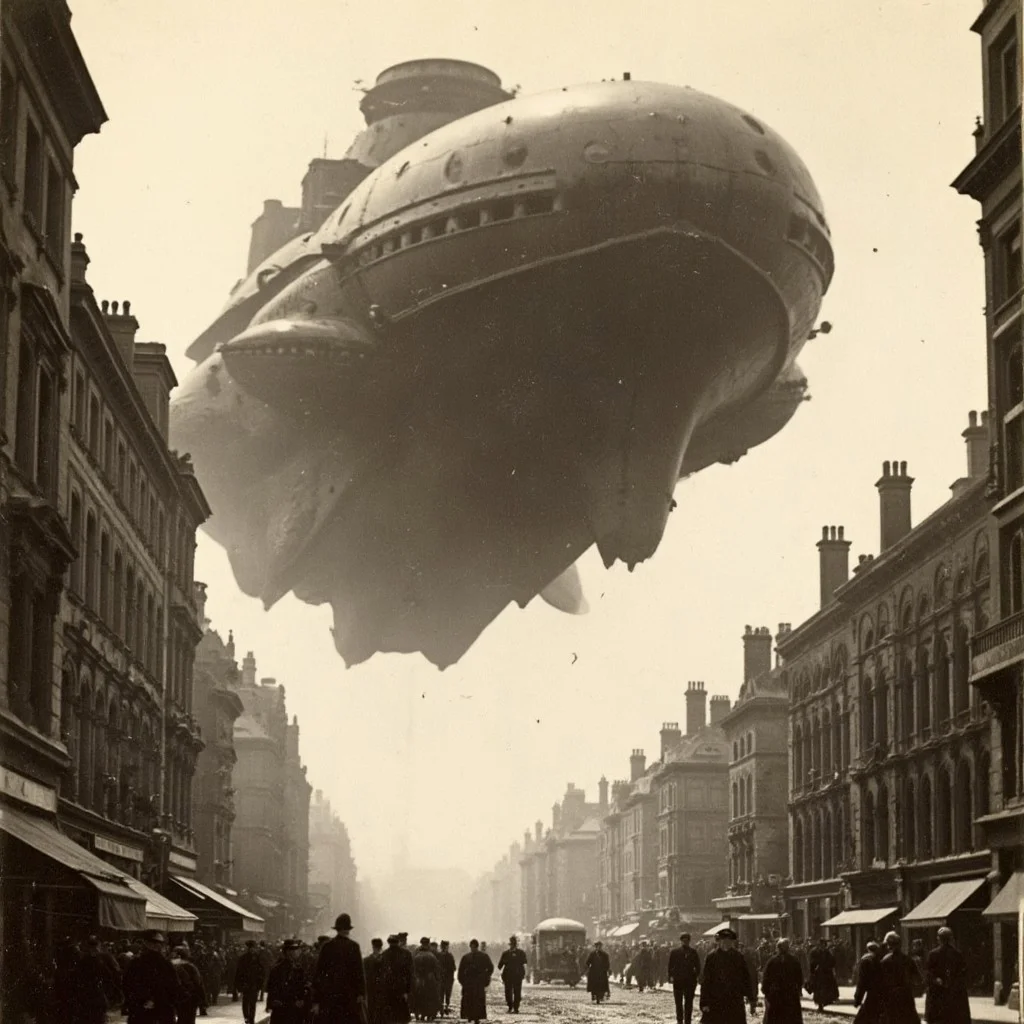 01dPh0t0 dark, shadow, distorted, grainy, film grain, Victorian, An aged worn sepia monochrome 1800s photograph of an (enormous and intricately detailed high-tech science fiction alien spacecraft)2, angular, (anachronistic)3, hovering over 1890s London, low angle looking up, ominous, looming, massive sense of scale, nervous people on the streets looking upward