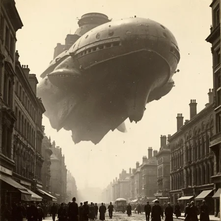 01dPh0t0 dark, shadow, distorted, grainy, film grain, Victorian, An aged worn sepia monochrome 1800s photograph of an (enormous and intricately detailed high-tech science fiction alien spacecraft)2, angular, (anachronistic)3, hovering over 1890s London, low angle looking up, ominous, looming, massive sense of scale, nervous people on the streets looking upward