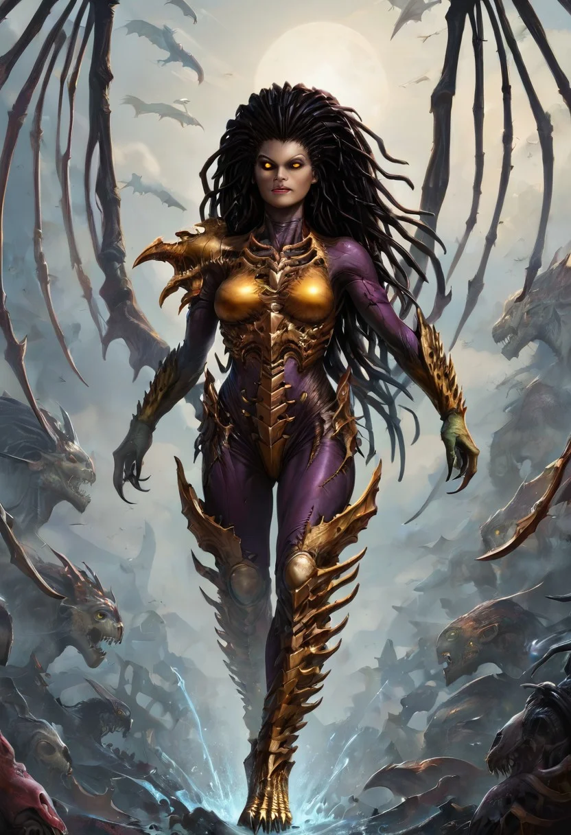 1girl, Kerriganxl, long hair, dreadlocks, black hair, claws, bone wings, glowing yellow eyes, black sclera, chitin armor, bodysuit