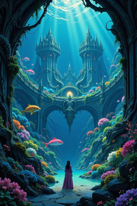 a fantasy underwater palace beautiful  landscape, noon, woman, very intricate, very detailed, sharp, bright, colorful, <lora:Hand v2:0.5> <lora:Anti-Blur:1><lora:Insane Detail Slider:0.25>  <lora:flux.1_lora_flyway_Epic-detail_v2:0.3> <lora:fluxenhancer:0.25> <lora:Anime_style:0.6> anime style