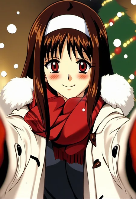 score_9, score_8_up, score_7_up, source_anime, <lora:rikantz-seaberry-s1-ponyxl-lora-nochekaiser:1>, 1girl, solo,
Yuuki_Mizuho_OVA, 1girl,solo,long hair, brown hair, white hairband, red eyes,
medium breasts, anime screencap,, <lora:pov-cheek-warming-ponyxl-lora-nochekaiser:1>, pov cheek warming, pov cheek warming (meme), winter gloves, duffel coat, fur-trimmed scarf, winter clothes, red mittens, meme, winter coat, red scarf, fur-trimmed coat, reaching towards viewer, reaching, mittens, fur-trimmed hood, white coat, open coat, scarf, coat, red gloves, snowing, pov, fur trim, depth of field, smile, blush,, christmas, christmas tree, christmas lights,, , dutch angle, cowboy shot