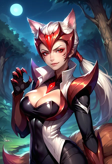 score_9, score_8_up, score_7_up, source_anime BREAK 1girl, solo, looking at viewer, close-up, upper body,
<lora:Ahri_Challenger_pdxl_Incrs_v1:1>, Ahrichallenger, animal ears, facial mark, fox tail, multiple tails, long hair, white hair, red eyes, large breasts, Makeup, gem, forehead protector, pauldrons, vambraces, black bodysuit, white Shirt, cleavage, claws, gloves, low ponytail,
medium breasts, breasts, skindentation, evil smirk, claw pose,
abstract background, outdoors, forest, night, moonlight,