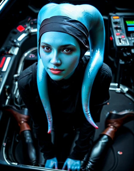 8k UHD, 1440p, hires, score_9, score_8_up, score_7_up, score_6_up, score_5_up, source_photo, amateur_photo, realistic, explicit, solo, intricate detail, perfect eyes, face focus, Mission-Vao, VaoM, KOTOR, Twi'lek, Lekku, alien, colored skin, blue skin, hairband, 1girl, solo, round face, puffy eyes, brown eyes, slim hips, thin legs, from above, cute, black shirt, vest, pants, boots, in cockpit <lora:Expressive_H:1> <lora:PerfectEyesXL:0.7> <lora:Pony_Mission-Vao_V1:1>