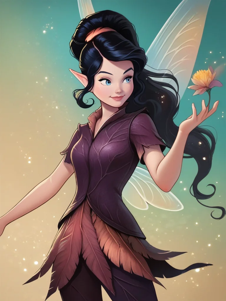 score_9, score_8_up, score_7_up, 1girl, dynamic pose, cowboy shot, looking at away, detailed background, magic particles around, holding a black flower, light smile, vegetation, dutch angle,
<lora:AVidia_character:0.8>, VidiaXLP, black hair, long hair, ponytail, blue eyes, fairy wings, fairy, pointy ears, purple dress, short sleeves, pants, cartoon, <lora:ANemupan_style:0.8>, Nemupan, flat color,
