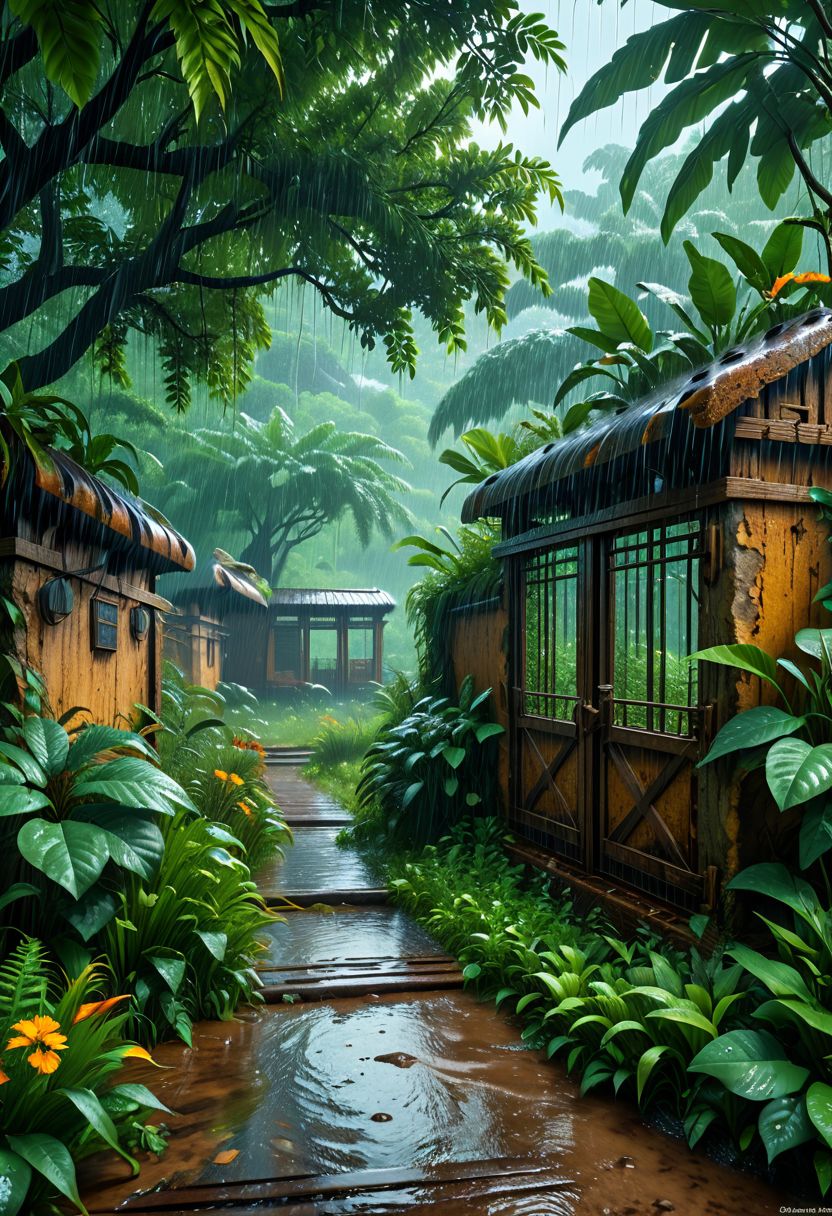 4k wallpaper, full realistic, extremely detailed, best quality, high resolution, 64k, fantastic scenery, outside, feral wildlife preserve, overgrown enclosures, dangerous beasts, untamed nature, heavy rain, raining, <lora:Dreamyvibes artstyle SDXL - Trigger with dreamyvibes artstyle:0.65> <lora:filmicVibesXL_v1.1:0.8>, <lora:ral-anmwrlds-sdxl:0.15>, <lora:dvr-stnd:0.25>,  <lora:detailed_notrigger:0.65>,  <lora:CelestialPunkAIp:0.15>, <lora:EnvyBetterHiresFixXL01:0.45>, <lora:woodfigurez-sdxl:0.25>, <lora:MJ52:0.15>