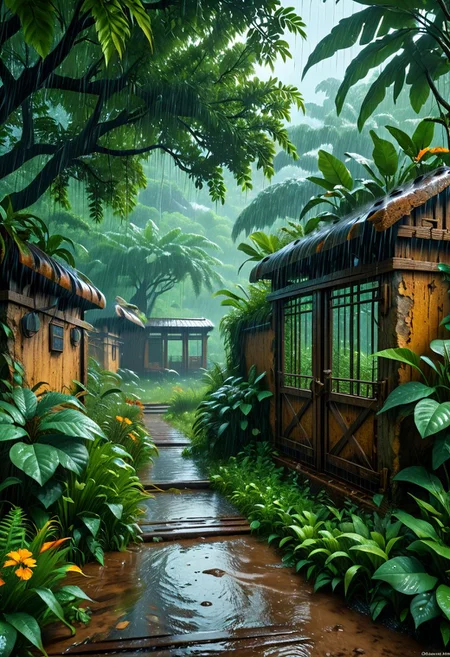 4k wallpaper, full realistic, extremely detailed, best quality, high resolution, 64k, fantastic scenery, outside, feral wildlife preserve, overgrown enclosures, dangerous beasts, untamed nature, heavy rain, raining, <lora:Dreamyvibes artstyle SDXL - Trigger with dreamyvibes artstyle:0.65> <lora:filmicVibesXL_v1.1:0.8>, <lora:ral-anmwrlds-sdxl:0.15>, <lora:dvr-stnd:0.25>,  <lora:detailed_notrigger:0.65>,  <lora:CelestialPunkAIp:0.15>, <lora:EnvyBetterHiresFixXL01:0.45>, <lora:woodfigurez-sdxl:0.25>, <lora:MJ52:0.15>