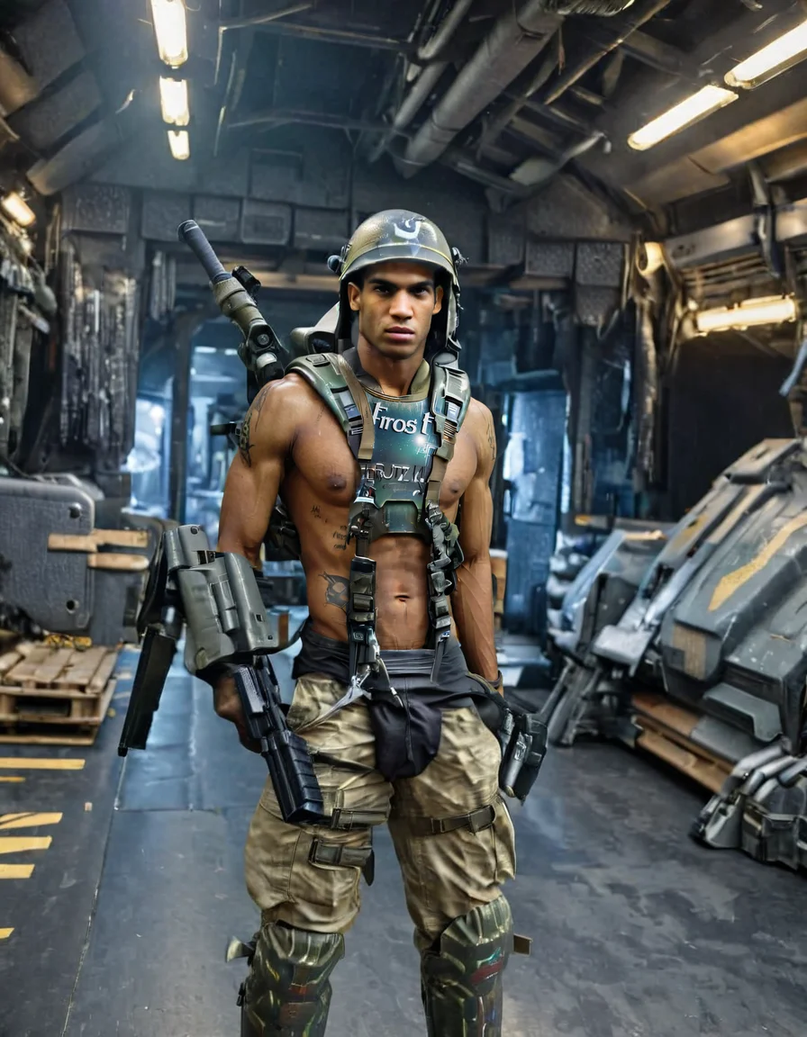 UHD, 8K, ultra detailed, highly realistic photo of uscmc, (muscular:1.2) goofyjamal wearing military helmet and elbow pads is shirtless holding a weapon, background is a military drop ship, chest plate has the word word "FROST" , abs, (high resolution 8K photo quality:1.3), photograph uscmc, (muscular:1.2) goofyjamal wearing military helmet and elbow pads is shirtless holding a weapon, background is a military drop ship, chest plate has the word word "FROST" , abs, 50mm . cinematic 4k epic detailed 4k epic detailed photograph shot on kodak detailed cinematic hbo dark moody, 35mm photo, grainy, vignette, vintage, Kodachrome, Lomography, stained, highly detailed, found footage