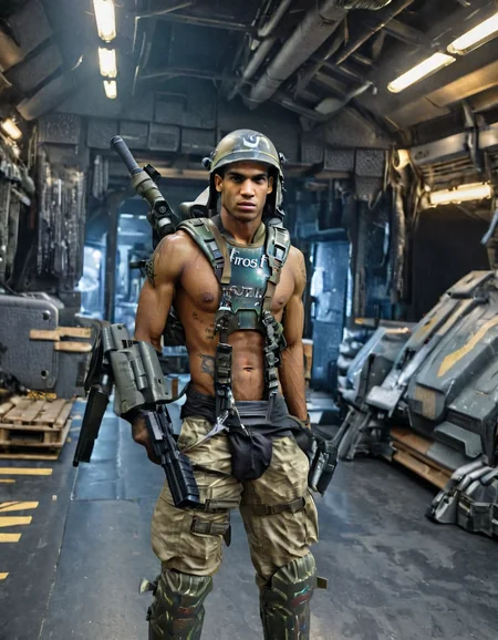 UHD, 8K, ultra detailed, highly realistic photo of uscmc, (muscular:1.2) goofyjamal wearing military helmet and elbow pads is shirtless holding a weapon, background is a military drop ship, chest plate has the word word "FROST" , abs, (high resolution 8K photo quality:1.3), photograph uscmc, (muscular:1.2) goofyjamal wearing military helmet and elbow pads is shirtless holding a weapon, background is a military drop ship, chest plate has the word word "FROST" , abs, 50mm . cinematic 4k epic detailed 4k epic detailed photograph shot on kodak detailed cinematic hbo dark moody, 35mm photo, grainy, vignette, vintage, Kodachrome, Lomography, stained, highly detailed, found footage