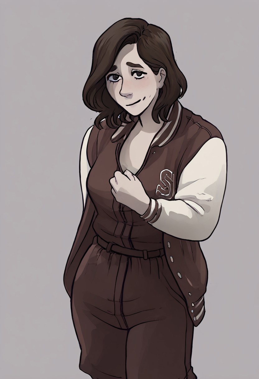 score8,Stella_SH,brown_hair, medium hair,1girl,jumpsuit, letterman jacket, shy smile