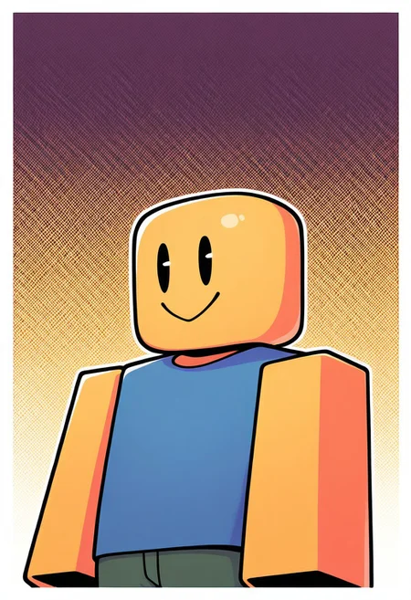 upper body, halftone effect, white borders, abstract background:1.2,, masterpiece, best quality, amazing quality, very aesthetic, absurdres, newest,
noob, solo, smile, colored skin, yellow skin, 1boy, block arms, , closed mouth, blue shirt, green pants, solid oval eyes, sleeveless,