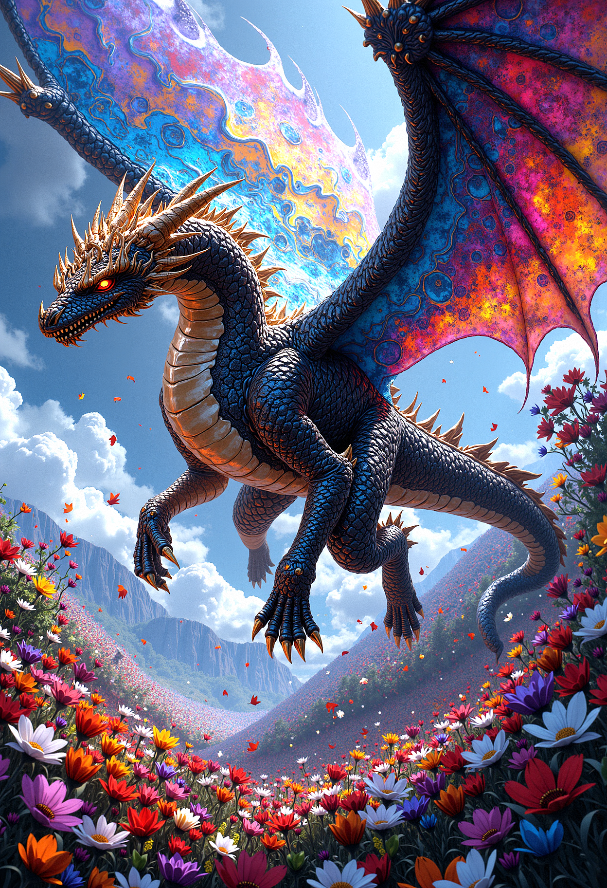 A hyper-realistic depiction of a colossal winged dragon, but its wings are made entirely of swirling, multicolored liquid, as if the dragon is made of living paint. The dragon's body is a mix of reflective, metallic scales and fluid, constantly shifting colors. Its eyes are glowing orbs of molten gold, and the dragon is flying through a vast sea of vibrant, floating flowers, each petal resembling a different nebula. The flowers scatter in its wake, dissolving into streams of color that blend into the sky. The scene is a blend of surreal fantasy and abstract art, with an intense focus on the fluidity and movement of the dragon's wings and the flowing colors.  <lora:FluxMythP0rtr4itStyle:0.8> MythP0rt, <lora:aidmaMJ6.1-FLUX-V0.2:0.6> aidmaMJ6.1,