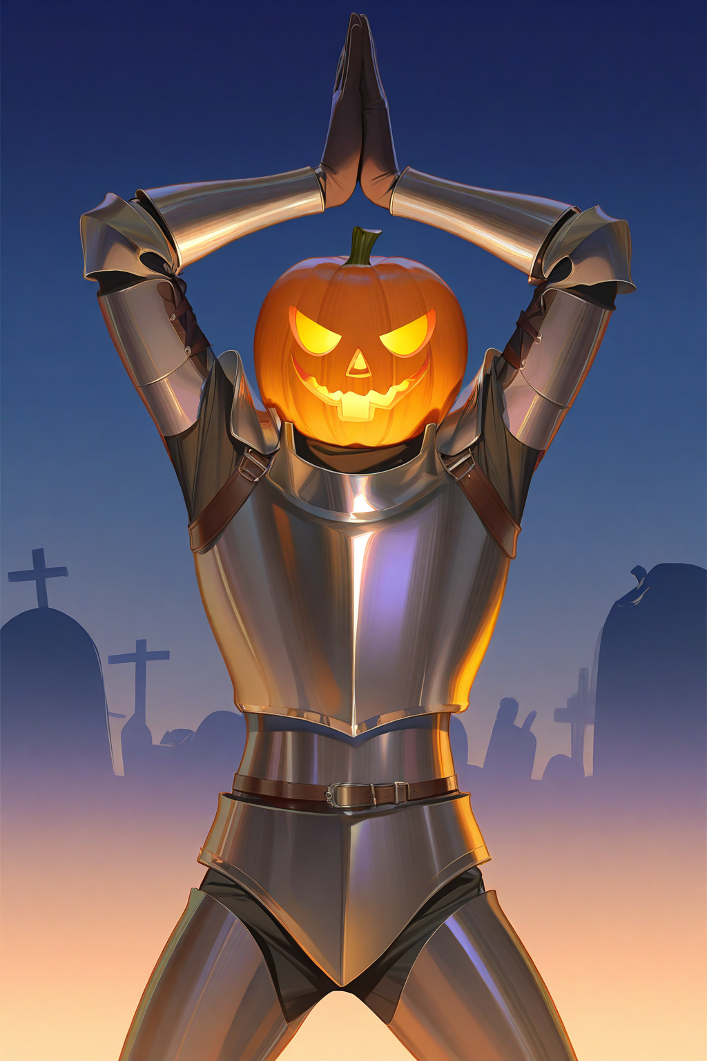 masterpiece, best quality, extreme aesthetic, newest, 1other, solo, standing, legs apart, arms up, own hands together, knight, full armor, pumpkin mask, facing viewer, dancing, dynamic poseoutdoors, night, dark sky, (graveyard:1.1), pumpkin, artist:rei \(sanbonzakura\), artist:ask \(askzy\), artist:sho \(sho lwlw\), artist:wanke, artist:ano \(gccx8784\)