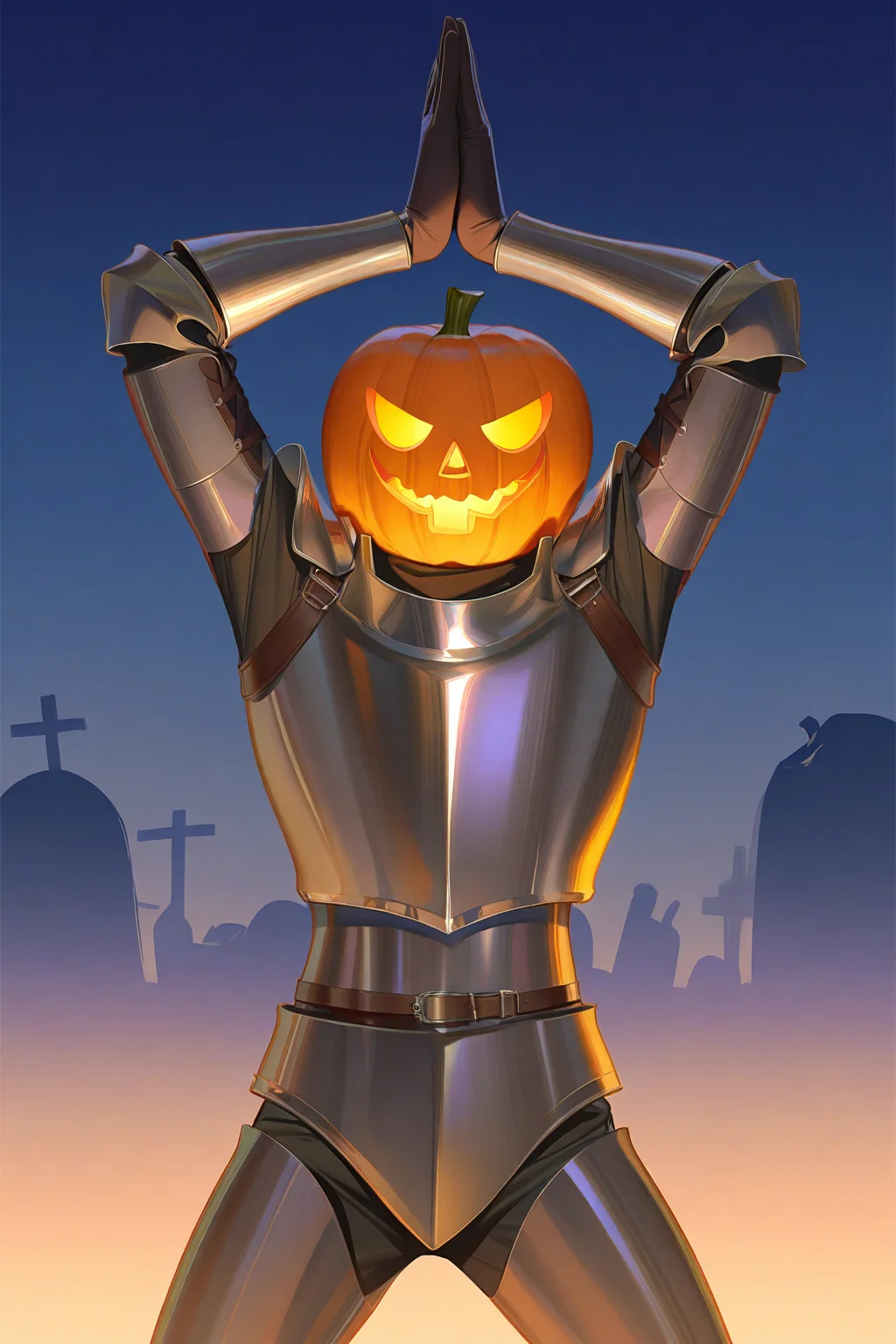 masterpiece, best quality, extreme aesthetic, newest, 1other, solo, standing, legs apart, arms up, own hands together, knight, full armor, pumpkin mask, facing viewer, dancing, dynamic poseoutdoors, night, dark sky, (graveyard:1.1), pumpkin, artist:rei \(sanbonzakura\), artist:ask \(askzy\), artist:sho \(sho lwlw\), artist:wanke, artist:ano \(gccx8784\)