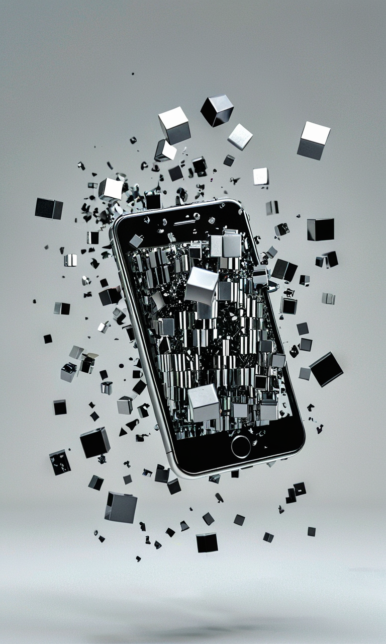 cube impression, smartphone, shattering effect, 3D rendering, digital art, exploded view, black fragments, technology concept, modern, dynamic movement, high-resolution image, gray background, floating pieces, disintegration, conceptual, creative design, center composition, portrait orientation, visual metaphor for data breach or fragility,<lora:cube_XL:0.8>