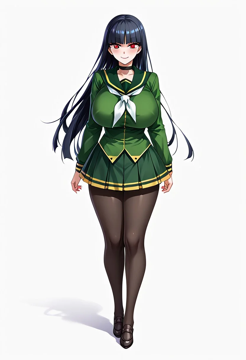score_9,score_8_up,score_7_up,source_anime,5_figner,2d_animation,game cg,BREKE,
POKEMONSABRINA, BLACK HAIR, LONG HAIR, BANGS, BLUNT BANGS, RED EYES, HIME CUT, SIDELOCKS,WHITE PUPILS,1girl,solo,mature female,
gosya school uniform,
long sleeves,pleated skirt,black pantyhose,shoes,green shirt,choker,serafuku,white neckerchief,
gigantic breasts,thick hips,thick thighs,thick waist,disproportionate breasts,huge areolae,
covered erectile nipples,covered the breast,curves,glamour,blush,smile,full body,
simple background,white background,
masterpiece,best qualit,ultra-detailed,illustration,an extremely delicate and beautiful,beautiful detailed eyes,unity 8k wallpaper,high resolution,anime CG,official_art,