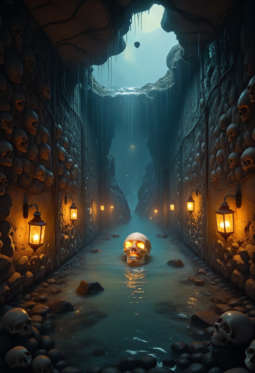 lazympos, advntr, lovecraft1an, 8weod,
score_9, score_8_up, score_7_up, amazing quality, high resolution, ultra-detailed, absurdres, scenery, depth of field, volumetric lighting, landscape, ((made of skulls)),
masterpiece, best quality, very aesthetic, watercolor painting, horror,
The ​slimy passage​ descended into ​absolute darkness, its ​brick walls slick​ with ​foul moisture, while the ​air grew thicker, laden with the ​stench of stagnant water​ and ​something worse—a ​living, breathing corruption​ that clung to the back of my throat. My lantern’s ​feeble glow​ revealed ​pale, wriggling things​ retreating into the ​crevices, their ​blind eyes​ glinting with a ​hunger that knew no light.