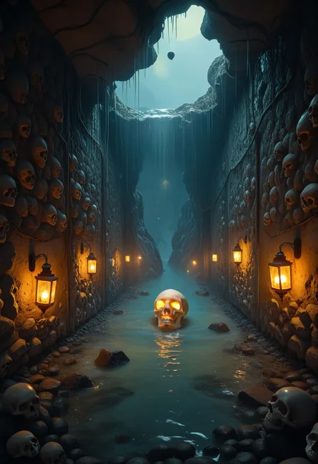 lazympos, advntr, lovecraft1an, 8weod,
score_9, score_8_up, score_7_up, amazing quality, high resolution, ultra-detailed, absurdres, scenery, depth of field, volumetric lighting, landscape, ((made of skulls)),
masterpiece, best quality, very aesthetic, watercolor painting, horror,
The slimy passage descended into absolute darkness, its brick walls slick with foul moisture, while the air grew thicker, laden with the stench of stagnant water and something worse—a living, breathing corruption that clung to the back of my throat. My lantern’s feeble glow revealed pale, wriggling things retreating into the crevices, their blind eyes glinting with a hunger that knew no light.