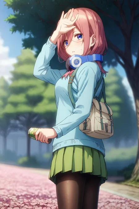 sharp focus, pixiv masterpiece, intricate details, expressionless, source_anime, score_8_up, score_7_up, score_9, <lora:Miku_Nakano_PonyXL_15:0.9>, 1girl, M1kuNakan0_PXL, cowboy shot, from side, from behind, school_bag, headphones, long-sleeve_shirt, mini-skirt, tights, (holding matcha-soda:1.1), arm up, sunny day, sweatdrop, source_anime, looking at viewer, outside, sakura trees, slightly open mouth, (surprised:0.7), detailed eyes, sakura blossom, pink leaves