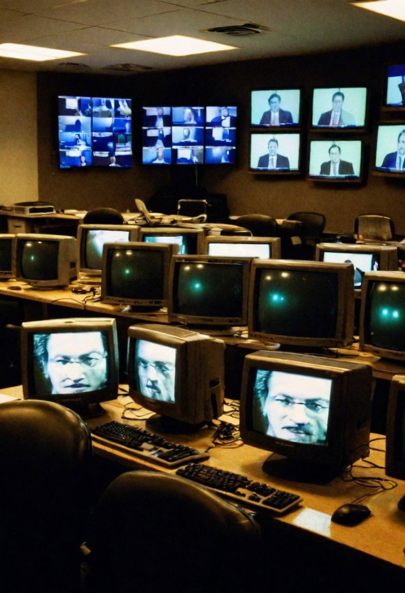 lan party with dozens of computers with CRT monitors in a meeting hall, dark, grainy, badquality, cluttered