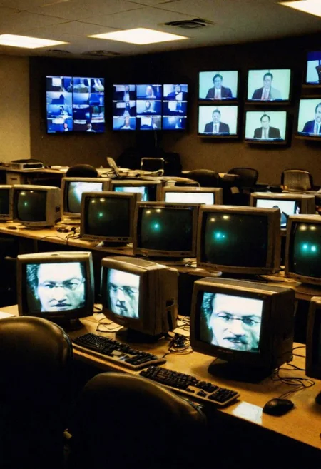 lan party with dozens of computers with CRT monitors in a meeting hall, dark, grainy, badquality, cluttered