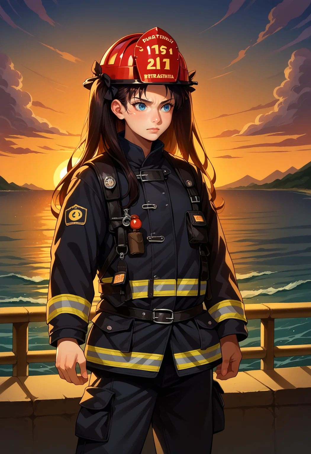 score_9, score_8_up,score_7_up, source_anime, 1girl, solo, <lora:EPfsnRinPony:1.0>, EPfsnRin, long hair, black hair, two side up, twin-tails, blue eyes,  background, cowboy shot, EPFireFighter, <lora:EPFireFighterPony:1.0>, wearing EPFireFighter, jacket, black jacket, pants, black pants, harness, helmet, red headwear,sunset, bridge, ocean, water, building, mountainous horizon,