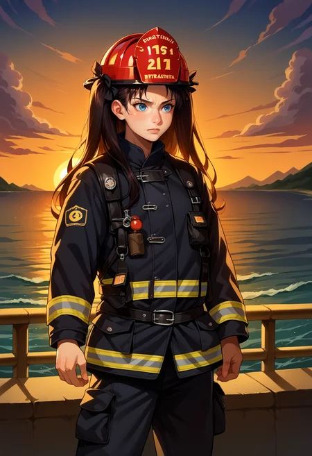 score_9, score_8_up,score_7_up, source_anime, 1girl, solo, <lora:EPfsnRinPony:1.0>, EPfsnRin, long hair, black hair, two side up, twin-tails, blue eyes, background, cowboy shot, EPFireFighter, <lora:EPFireFighterPony:1.0>, wearing EPFireFighter, jacket, black jacket, pants, black pants, harness, helmet, red headwear,sunset, bridge, ocean, water, building, mountainous horizon,