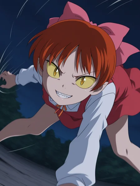 masterpiece, best quality, amazing quality, detailed background, perfect eyes, anime coloring, anime screenshot, 2000s \(style\), 1girl, solo, nekomusume (gegege no kitaro 5), red hair, short hair, choppy bangs, pink hair bow, (yellow eyes, yellow sclera, slit pupils:1.4), small breasts, white shirt, long sleeves, orange lace ribbon, red dress, pink footwear, all fours, glowing eyes, sharp nails, annoyed, open mouth, grin, sharp teeth, dutch angle, cowboy shot, (incoming attack, motion blur:1.3), (outdoors, night, dark, soft light),