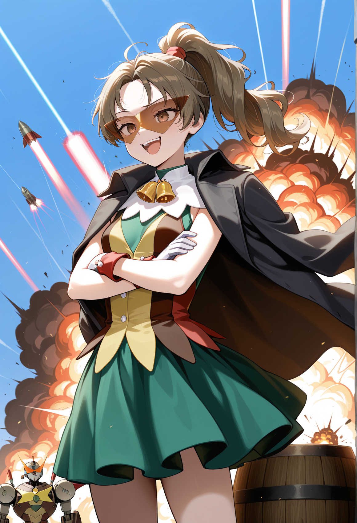 1girl, solo, brown hair, brown eyes, long hair, ponytail, jester costume, green skirt, white collar, bell chocker, gloves, crossed arms, black coat over shoulders, kamina shades, outdoors, smug, wind, open mouth, small breasts <lora:meg_illus:1> BREAK robot, mecha, barrel robot, explosion, laser, missile,, masterpiece, best quality, amazing quality, very aesthetic, absurdres, highres, newest