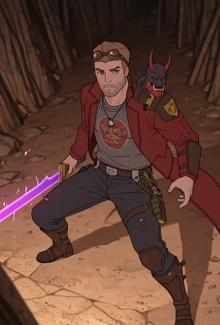 <lora:starlord-10:1> starlord, 1boy, dirty blonde hair, red jacket, gray shirt, short hair, open jacket, looking at viewer, goggles on head, head goggles, full body, ((long red coat,)), torn clothes, , black jeans, holding purple sword,  (( demon mask on shoulder, )), loose belt, black necklace, samurai aesthetic, shirt print, dynamic pose, masterpiece, best quality, amazing quality, very aesthetic, absurdres, newest,