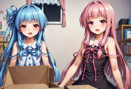 (nsfw),(Uncensored), score_9, score_8_up, score_7_up, source_anime, BREAK
2girls, sisters, side by side, kotonoha akane, kotonoha aoi, blue hair, pink hair, black dress, white dress,
<lora:Kotonoha_MMD_Pony_V1:0.85>KotonohaMMD, pink eyes, long hair, bangs, blunt bangs, sidelocks, very long hair, hair intakes,hair ribbon, ribbon, hair ornament, hair tie, yagasuri, dress,sleeveless, bare shoulders, collared dress, wide sleeves, long sleeves, zettai ryouiki, thighhighs, thighhighs under boots, knee boots,
sitting, upper body, mirror, door, window, television, computer, chair, table, girls room,
(Opening a cardboard box)
look at viewer,open mouth,
(upper body:1.5)