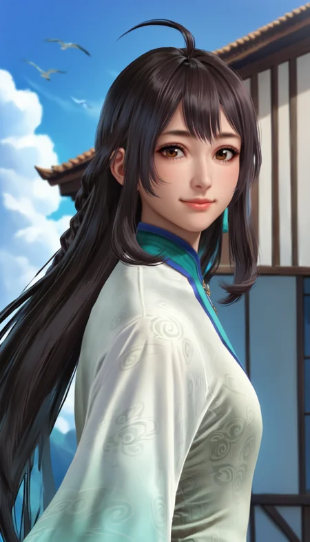 score_9,score_8_up,score_7_up,<lora:xinxianying>,xinxianying,1girl,solo,long black hair,bangs,ahoge,brown eyes,looking at viewer,smile,informal costume,upper body,outdoors,blue sky,cloud,