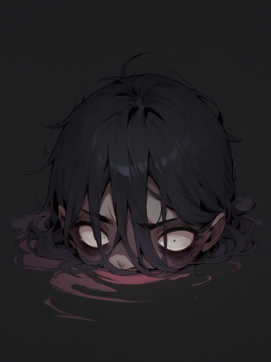 score_9, score_8_up, score_7_up, score_6_up, unw3ll <lora:UNW3LLXLP:1> black background, dark, gloomy, eerie, simple background, black hair, void,