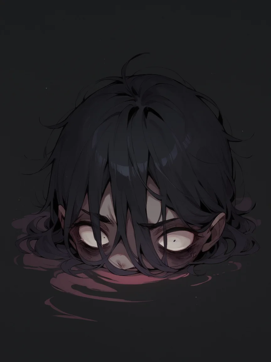 score_9, score_8_up, score_7_up, score_6_up, unw3ll <lora:UNW3LLXLP:1> black background, dark, gloomy, eerie, simple background, black hair, void,
