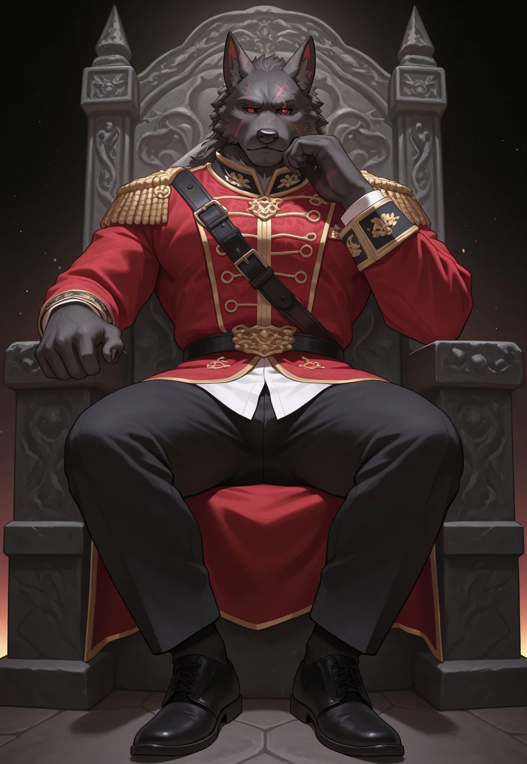 furry male,male focus,mature male,muscular,1boy, canid,canids,wolf,anthro,solo,looking at viewer,blaidd_(elden_ring),black sclera,scar on face,red eyes,black fur,black body,full body,black face,dark background,throne,stone throne,sitting on throne,dramatic pose,resting head on hand,clothing,royal clothing,white shirt,red royal navy jacket,black pants,black shoes,gold trim,gold epaulettes,gold aiguillettes,