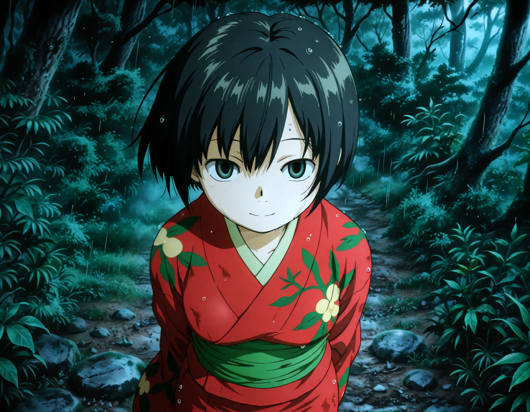 (1girl, solo:1.3), (2girls, 3girls, 4girls, multiple girls, 2boys, 3boys, 4boys, multiple boys:-1.5) <lora:Ioroi_Renzu_Mushi-shi_Illustrious:0.9>, ioroi_renzu, medium breasts, grey eyes, green eyes, black hair, short hair, bob cut, bangs, hair between eyes, japanese clothes, kimono, red kimono, obi, green obi, sandals smile, open eyes, general, contrapposto, dynamic pose, arms behind back, upper body, straight-on, from above, , outdoors, forest, japanese forest, japanese shrine, (torii:-1.0), ancient forest, dense foliage, mossy trees, mist, eerie silence, no people, overgrown, primeval, twilight lighting, mystical, A vast, untouched forest frozen in time, where ancient, towering trees with thick, moss-covered trunks rise from a ground layered with centuries of decaying leaves and soft green undergrowth. Twisted roots snake across damp soil, and the air hangs heavy with mist and silence. Shafts of pale light struggle to pierce the dense canopy, casting a faint glow on the shadowy floor below. Ferns and strange fungi thrive in the perpetual twilight, and no sign of human presence disturbs the eerie stillness. The atmosphere feels sacred, as if the forest itself is watching. midnight, fog, rain, , evening, from above, , straight-on, (light leaks:1.1), <lora:NOOB_EPSv1_1_detailer_by_vlnvk_v1_0:1.5>, (photo background:0.7), day, (tachibana yuu:0.6), inue shinsuke, (kazuma muramasa:0.0), saikawa yusa, (aoi manabu:0.6), abarerumidori, (suzui narumi:0.6), masterpiece, newest, absurdres, 8K, anime screenshot, anime coloring, flat color, official art, film grain, <lora:illustriousXLv01_stabilizer_v1.185c:0.7>, <lora:LECO_Solo:-4.0>,
