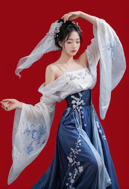red background,1girl,solo,dancing,,ruanyi0759,blue dress,hanfu,jewelry,veil,off shoulder,wide sleeves,<lora:0759 Yingluo blue Hanfu_v1_pony:1>, score_9,score_8_up,score_7_up,,8k,1girl,solo,